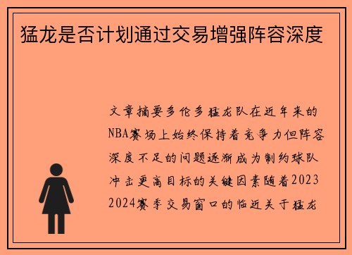 猛龙是否计划通过交易增强阵容深度