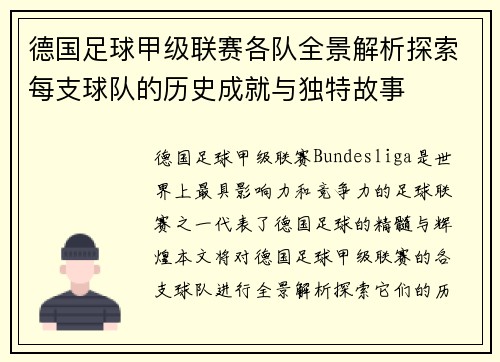 德国足球甲级联赛各队全景解析探索每支球队的历史成就与独特故事