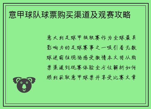 意甲球队球票购买渠道及观赛攻略